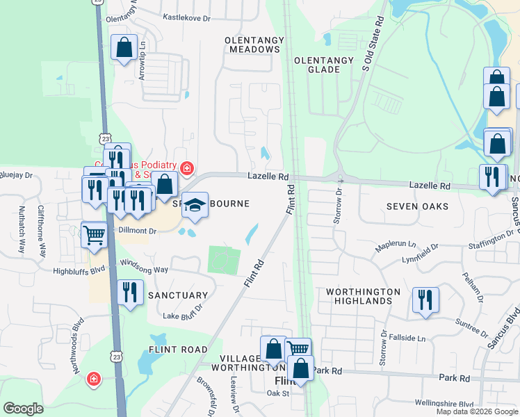 map of restaurants, bars, coffee shops, grocery stores, and more near 398 Springboro Lane in Columbus