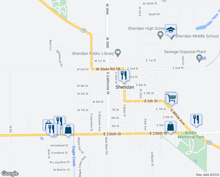 map of restaurants, bars, coffee shops, grocery stores, and more near 207 West 4th Street in Sheridan