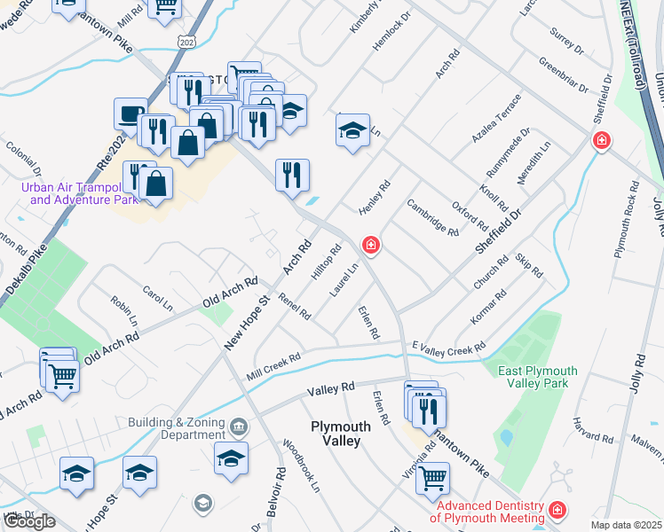 map of restaurants, bars, coffee shops, grocery stores, and more near 3 Hilltop Road in Plymouth Meeting