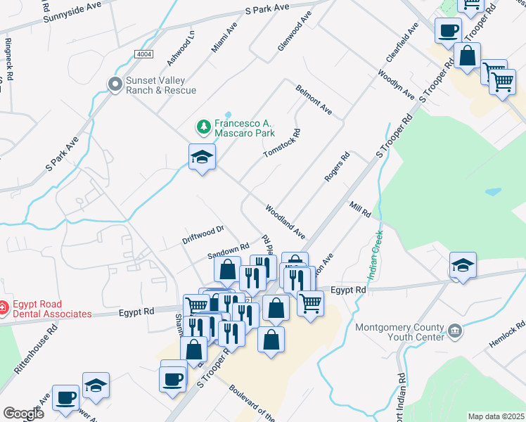 map of restaurants, bars, coffee shops, grocery stores, and more near 2624 Woodland Avenue in Eagleville