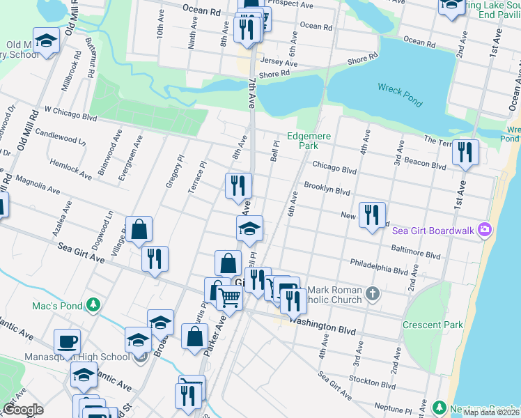 map of restaurants, bars, coffee shops, grocery stores, and more near 451 Bell Place in Sea Girt