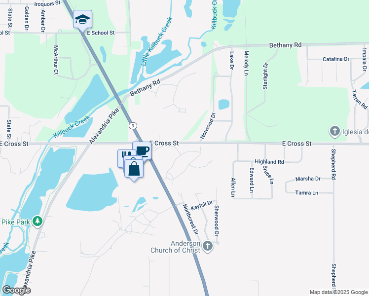map of restaurants, bars, coffee shops, grocery stores, and more near 1908 North Cross Lakes Circle in Anderson