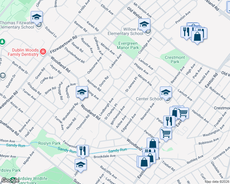 map of restaurants, bars, coffee shops, grocery stores, and more near 1508 Lindbergh Avenue in Abington