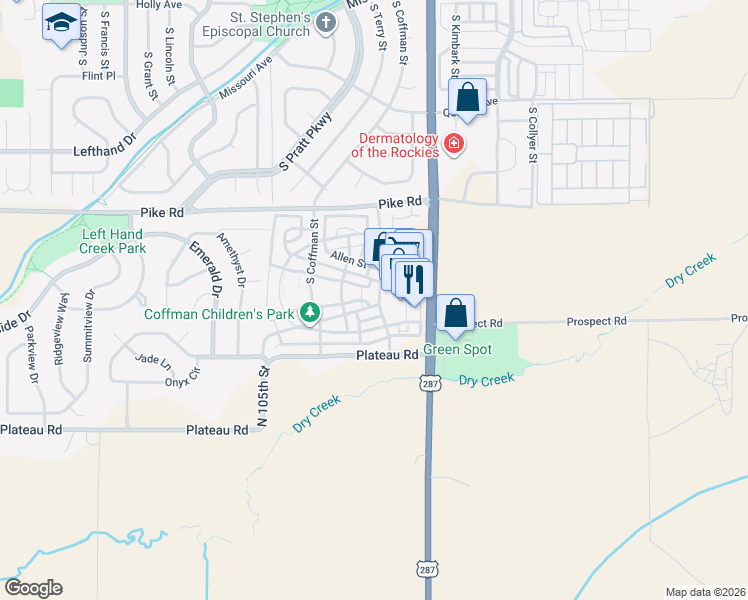 map of restaurants, bars, coffee shops, grocery stores, and more near 2017 100 Year Party Court in Longmont