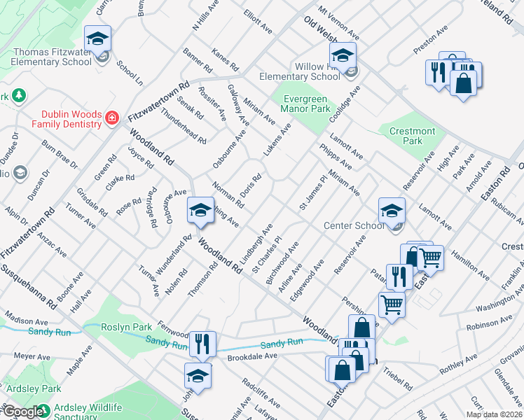 map of restaurants, bars, coffee shops, grocery stores, and more near 1438 Thomson Road in Abington