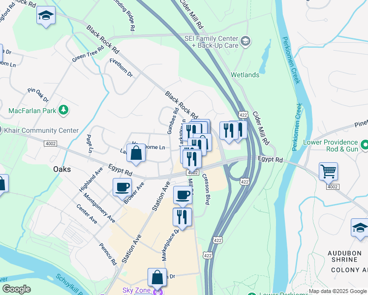 map of restaurants, bars, coffee shops, grocery stores, and more near 5 Larkspur Lane in Collegeville