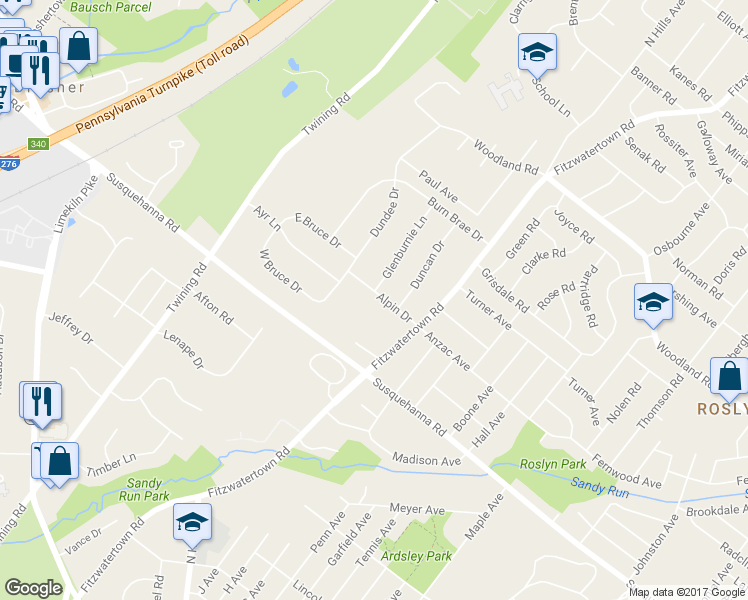 map of restaurants, bars, coffee shops, grocery stores, and more near 3126 Alpin Drive in Dresher