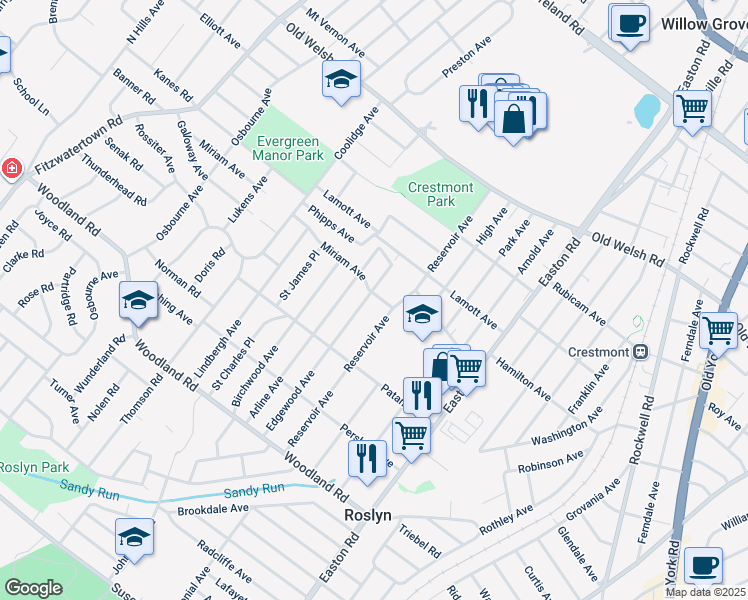 map of restaurants, bars, coffee shops, grocery stores, and more near 1559 Edgewood Avenue in Roslyn