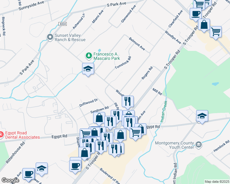 map of restaurants, bars, coffee shops, grocery stores, and more near 2624 Woodland Avenue in Eagleville