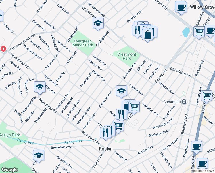 map of restaurants, bars, coffee shops, grocery stores, and more near 1559 Edgewood Avenue in Roslyn