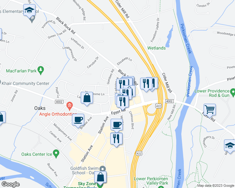 map of restaurants, bars, coffee shops, grocery stores, and more near 5 Larkspur Lane in Collegeville