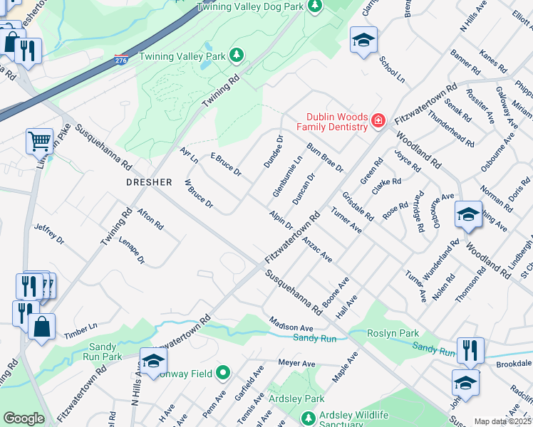 map of restaurants, bars, coffee shops, grocery stores, and more near 3126 Alpin Drive in Dresher