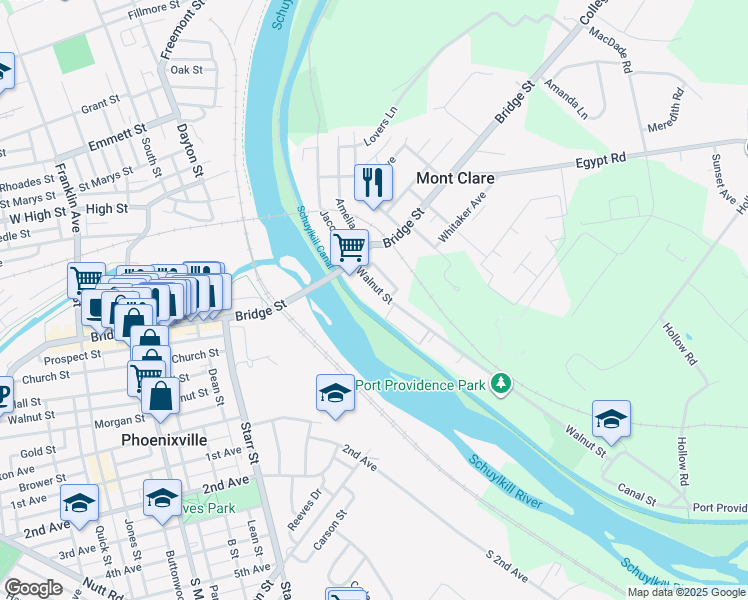 map of restaurants, bars, coffee shops, grocery stores, and more near 129 Walnut Street in Mont Clare