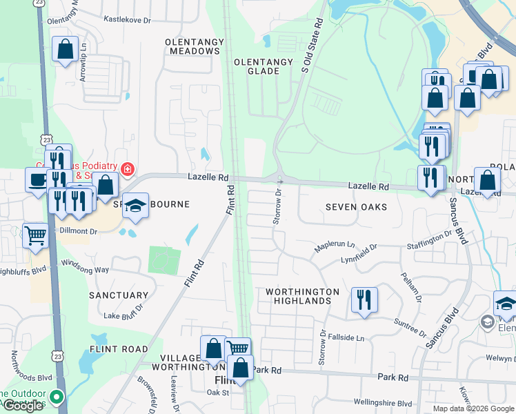 map of restaurants, bars, coffee shops, grocery stores, and more near 531 Ramonford Court in Westerville