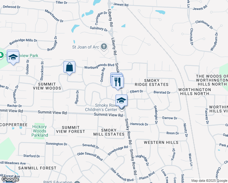 map of restaurants, bars, coffee shops, grocery stores, and more near 8760 Winooski Street in Powell