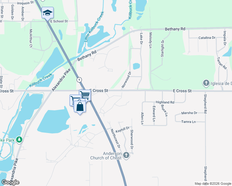 map of restaurants, bars, coffee shops, grocery stores, and more near 1908 North Cross Lakes Circle in Anderson