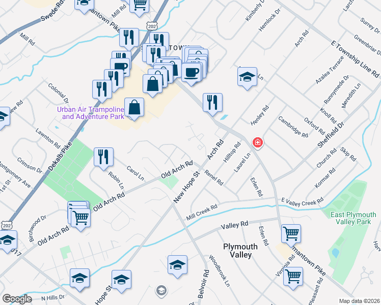 map of restaurants, bars, coffee shops, grocery stores, and more near 19 Penn Crossing Drive in East Norriton