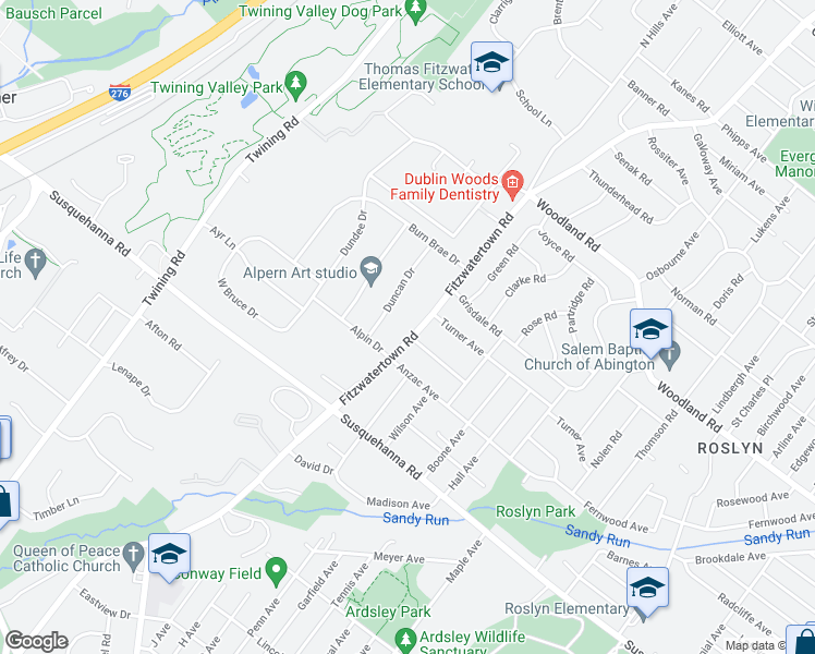 map of restaurants, bars, coffee shops, grocery stores, and more near 1216 Fitzwatertown Road in Dresher