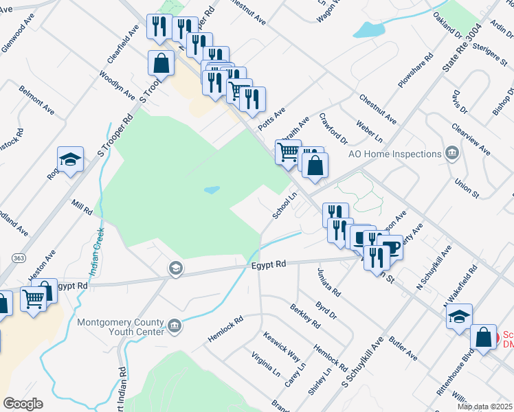 map of restaurants, bars, coffee shops, grocery stores, and more near 45 School Lane in Norristown