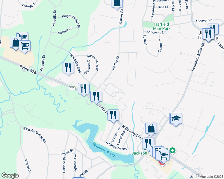 map of restaurants, bars, coffee shops, grocery stores, and more near 175 Bartley Road in Jackson Township