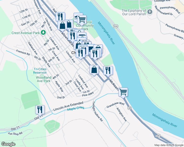 map of restaurants, bars, coffee shops, grocery stores, and more near 227 Fallowfield Avenue in Charleroi