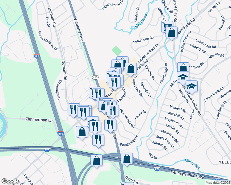 map of restaurants, bars, coffee shops, grocery stores, and more near 4352 New Falls Road in Levittown