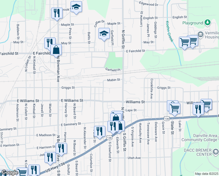 map of restaurants, bars, coffee shops, grocery stores, and more near 1211 Griggs Street in Danville