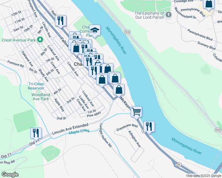 map of restaurants, bars, coffee shops, grocery stores, and more near 205 McKean Avenue in Charleroi