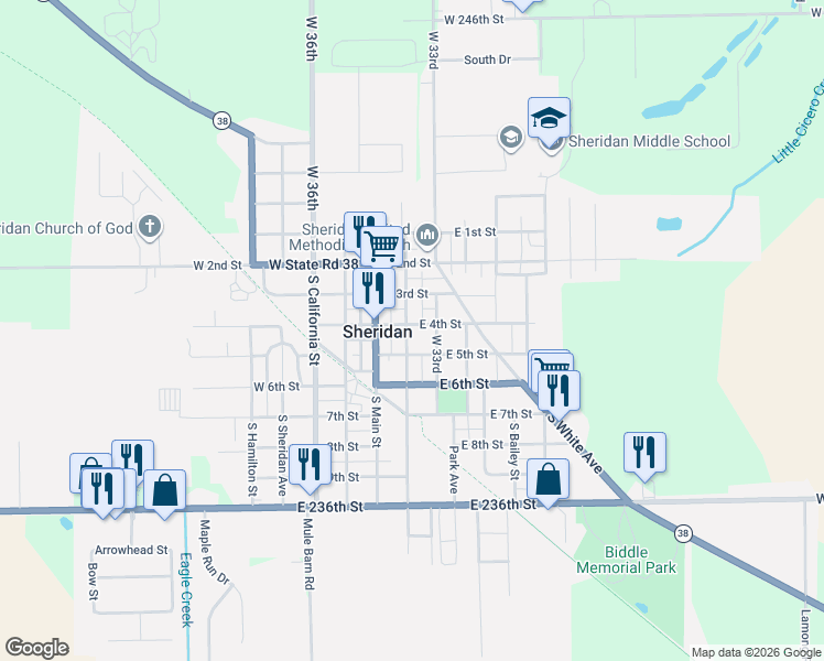 map of restaurants, bars, coffee shops, grocery stores, and more near 205 East 4th Street in Sheridan