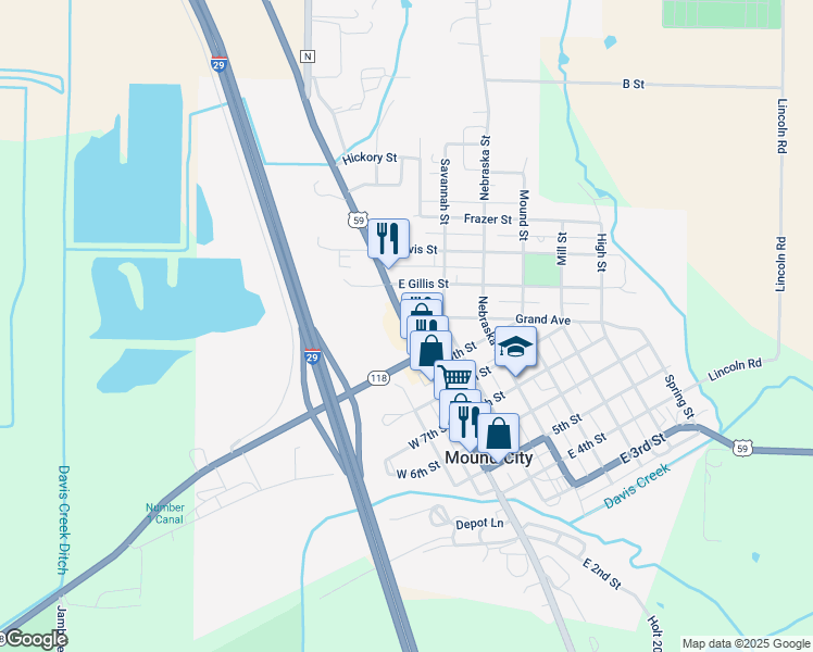 map of restaurants, bars, coffee shops, grocery stores, and more near U.S. 59 in Mound City
