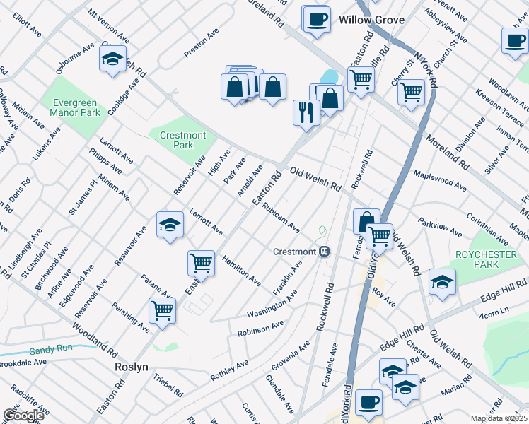 map of restaurants, bars, coffee shops, grocery stores, and more near 1710 Summit Avenue in Willow Grove