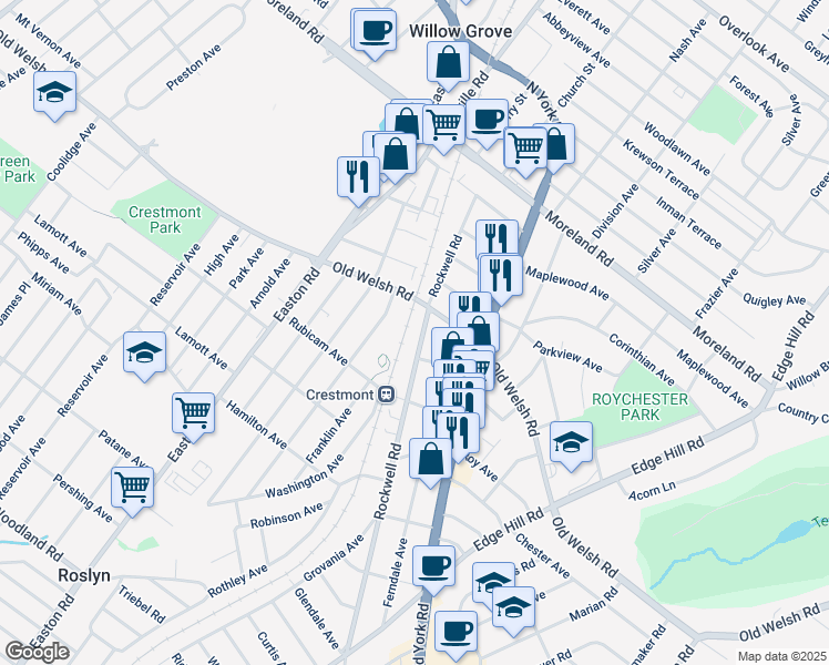 map of restaurants, bars, coffee shops, grocery stores, and more near 1792 Rockwell Road in Abington