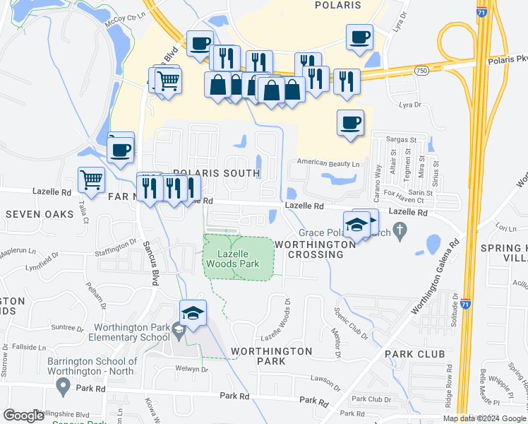 map of restaurants, bars, coffee shops, grocery stores, and more near 707 Lazelle Road in Westerville