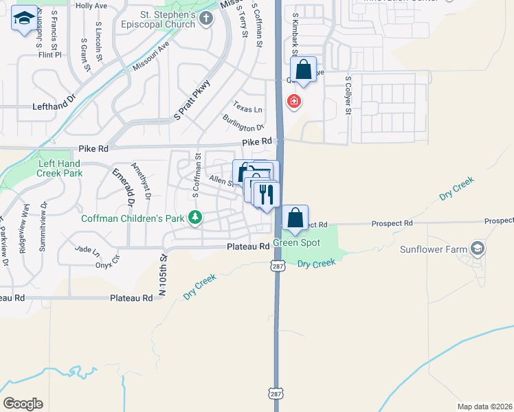 map of restaurants, bars, coffee shops, grocery stores, and more near 2015 Ionosphere Street in Longmont