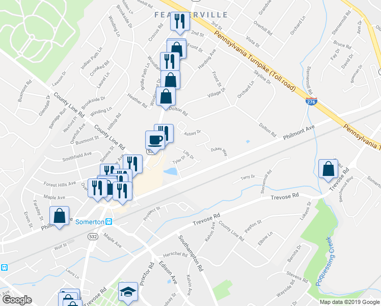 map of restaurants, bars, coffee shops, grocery stores, and more near 50 Lilly Drive in Feasterville-Trevose