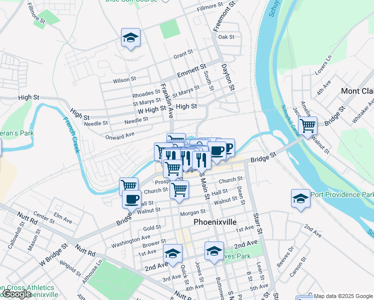 map of restaurants, bars, coffee shops, grocery stores, and more near 2 North Main Street in Phoenixville