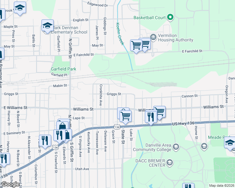 map of restaurants, bars, coffee shops, grocery stores, and more near 1765 Griggs Street in Danville