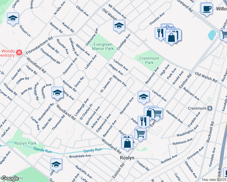 map of restaurants, bars, coffee shops, grocery stores, and more near 1533 Birchwood Avenue in Abington