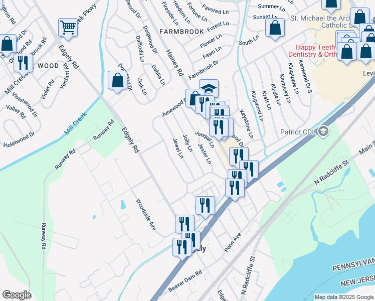 map of restaurants, bars, coffee shops, grocery stores, and more near 35 Jolly Lane in Levittown