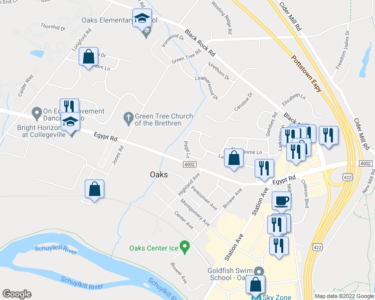map of restaurants, bars, coffee shops, grocery stores, and more near 17 Page Lane in Phoenixville