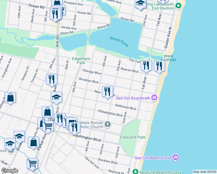 map of restaurants, bars, coffee shops, grocery stores, and more near 309 Brooklyn Boulevard in Sea Girt