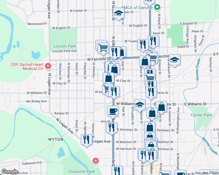 map of restaurants, bars, coffee shops, grocery stores, and more near 600-698 North Gilbert Street in Danville