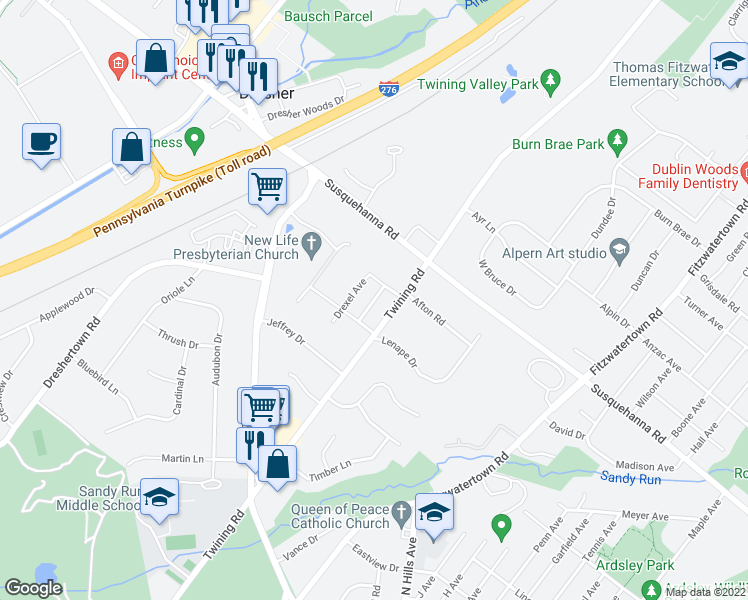 map of restaurants, bars, coffee shops, grocery stores, and more near 1005 Windsor Avenue in Dresher