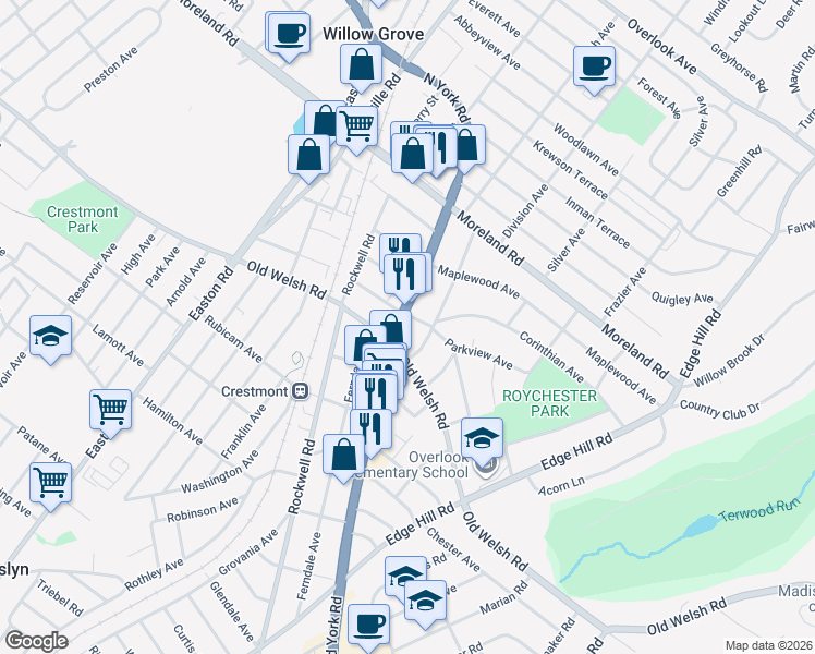 map of restaurants, bars, coffee shops, grocery stores, and more near 1829 Pennsylvania 611 in Abington
