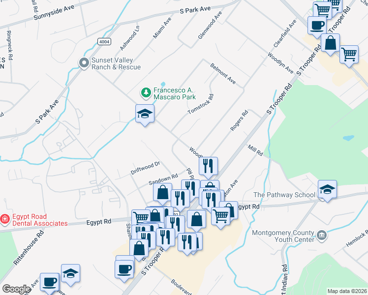 map of restaurants, bars, coffee shops, grocery stores, and more near 2626 Woodland Avenue in Eagleville
