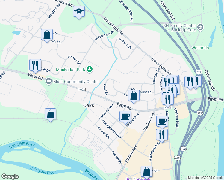 map of restaurants, bars, coffee shops, grocery stores, and more near 95 Laurel Lane in Phoenixville