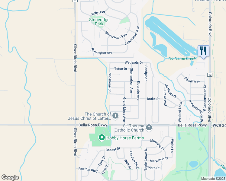 map of restaurants, bars, coffee shops, grocery stores, and more near 5475 Caribou Drive in Longmont