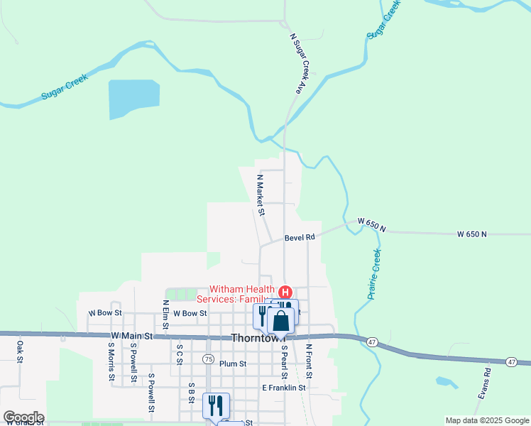 map of restaurants, bars, coffee shops, grocery stores, and more near 443 North Pearl Street in Thorntown