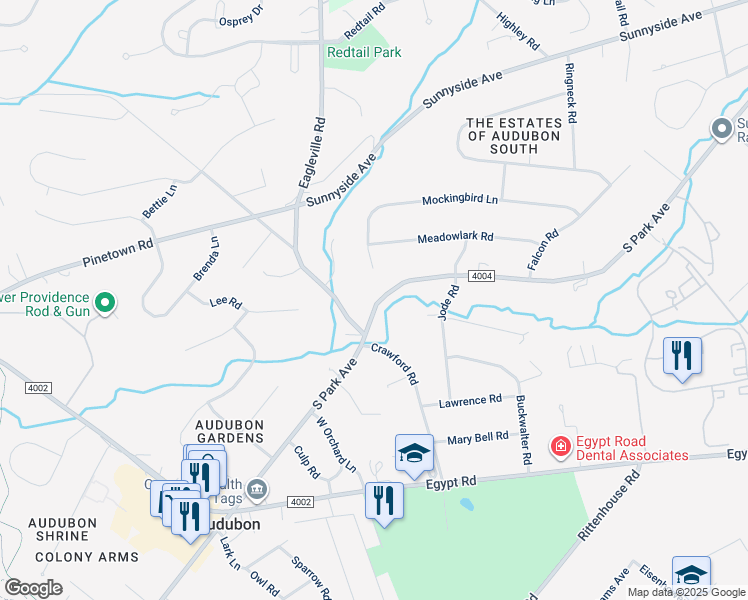 map of restaurants, bars, coffee shops, grocery stores, and more near 811 South Park Avenue in Audubon