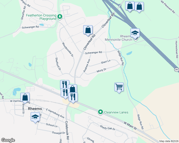 map of restaurants, bars, coffee shops, grocery stores, and more near 1953 Misty Drive in Mount Joy